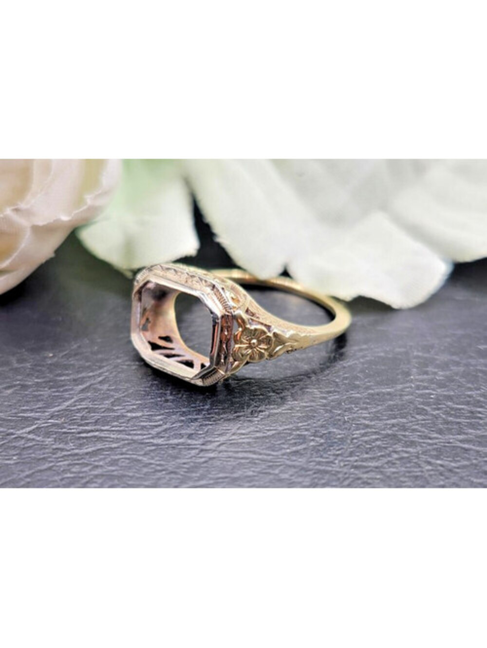 Antique Art Deco 10K Yellow Gold Filigree Ring Mounting 8x6mm Size 6 2.6g VTG
